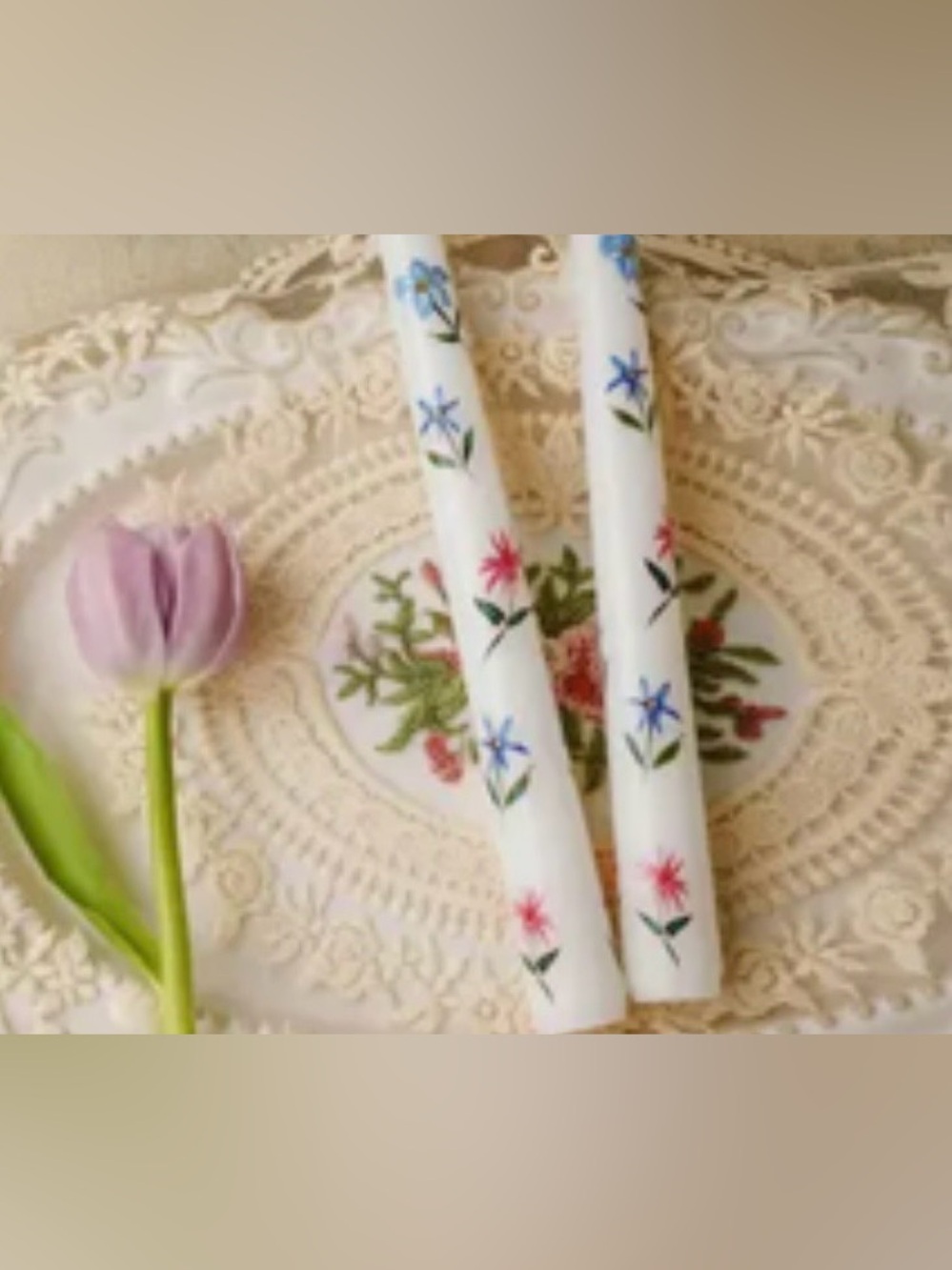 White Floral Taper Candles with Pink & Blue Flower Accents